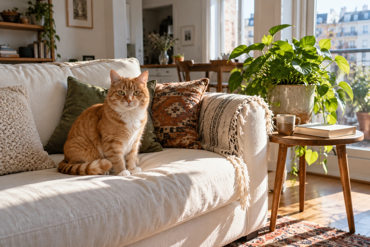 A ginger cat on a cream sofa beside a houseplant and side table.