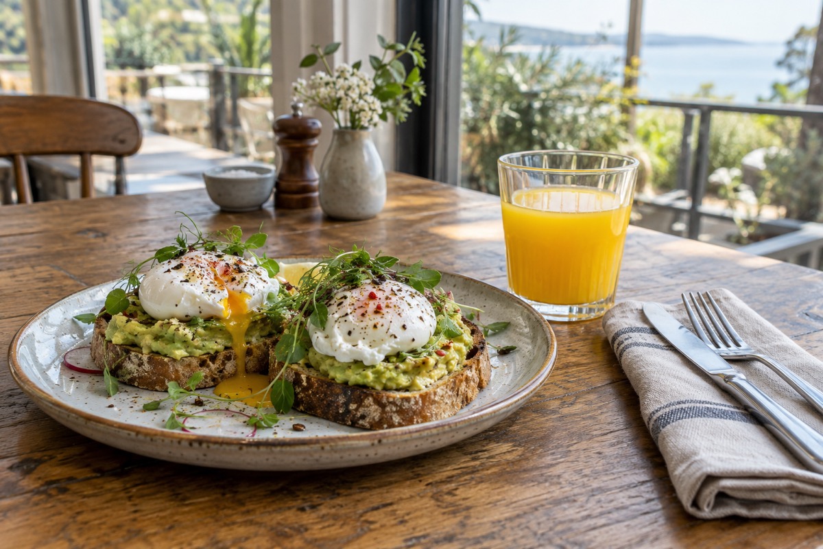 Avocado toast and poached eggs share a wooden table with a glass of orange juice.