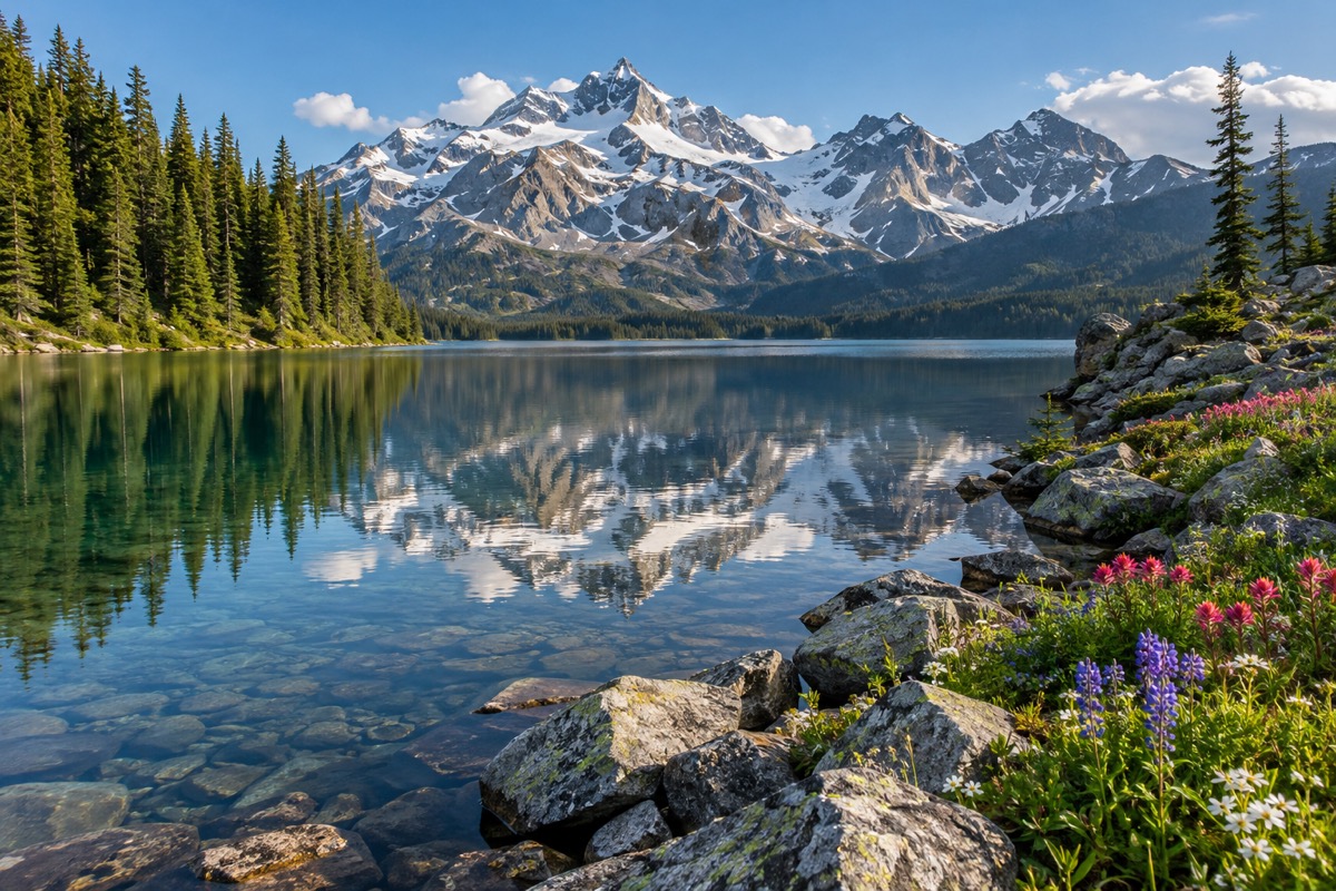 An alpine lake reflects mountains between evergreen forest and a rocky shore.